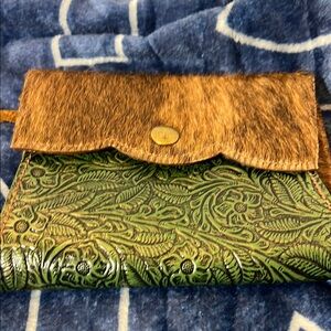 Green and Brown Embossed Leather Clutch